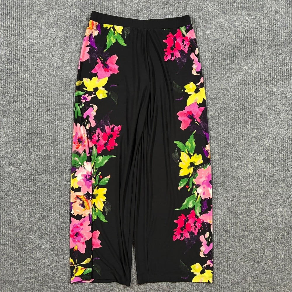 Susan Graver Womens Pants Size XSP Black Floral Pull On Wide Leg Mid Rise